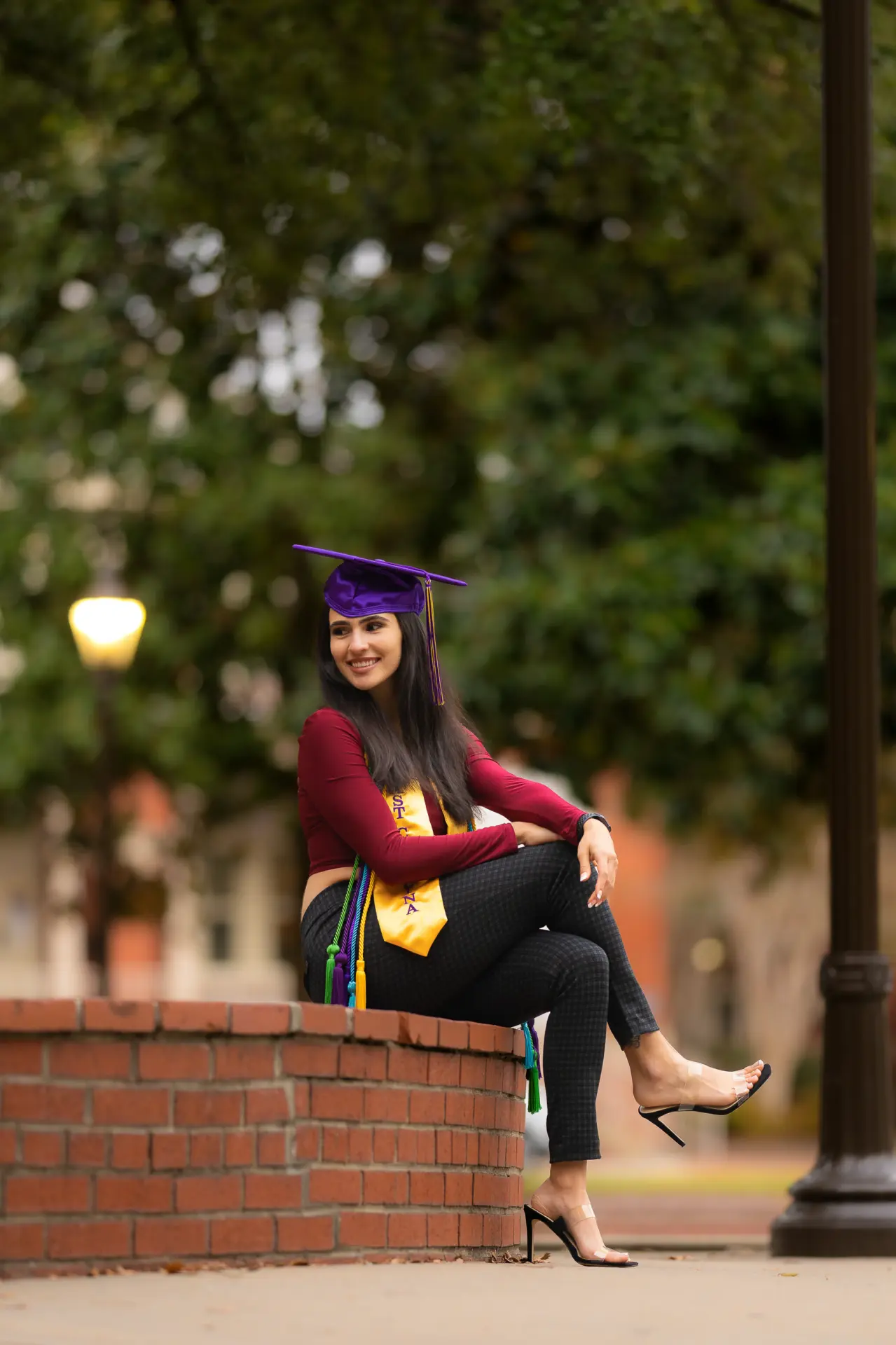 Graduate in cap and gown seated on a brick wall under a large tree