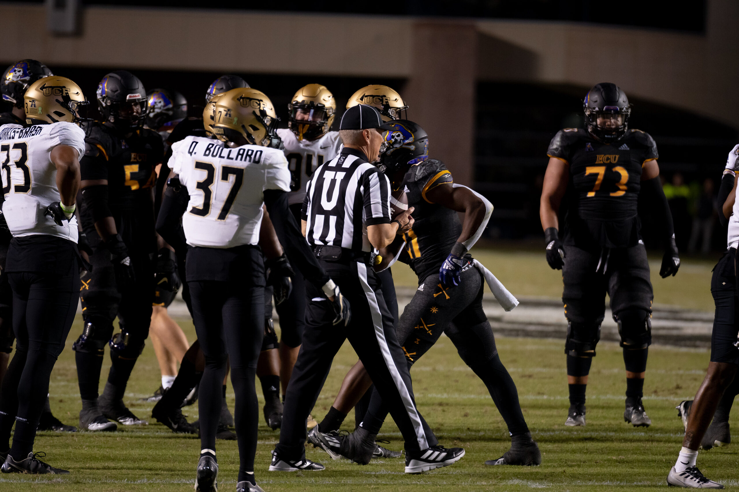 My First ECU College Football Photography Assignment 275 Officials and players gathered after a whistle