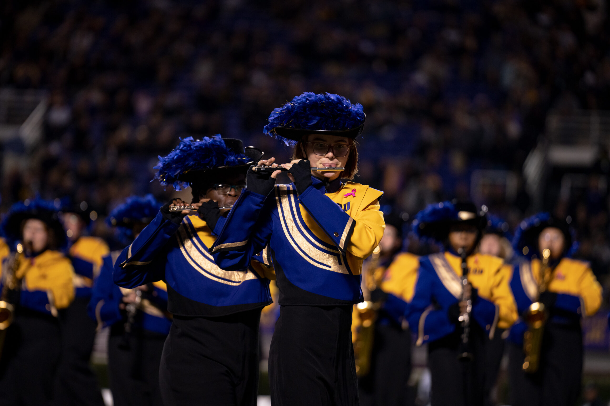 My First ECU College Football Photography Assignment 284 ECU band members in plumed hats seated in the stands