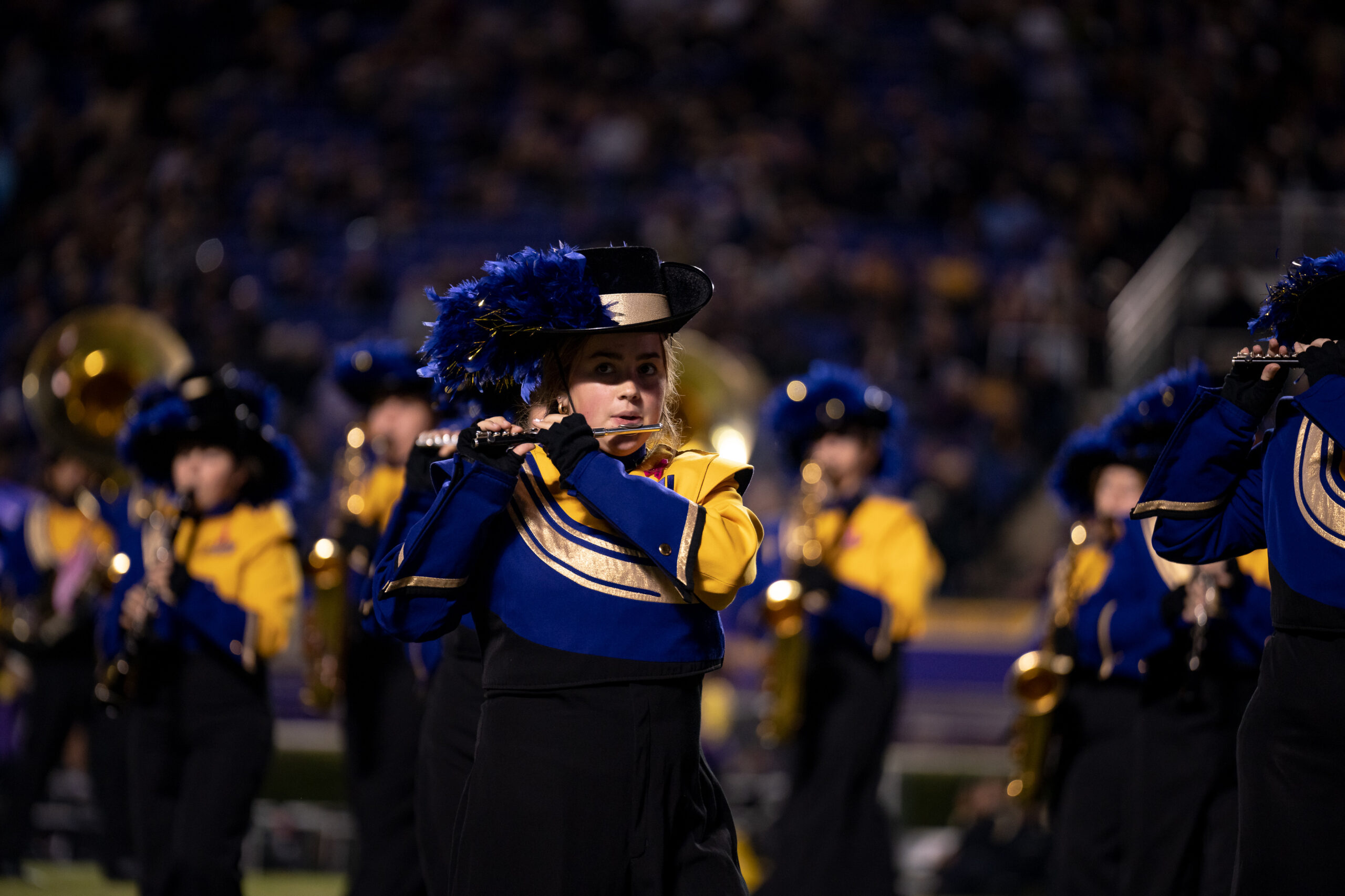 My First ECU College Football Photography Assignment 229 ECU band members in plumed shakos playing in the stands