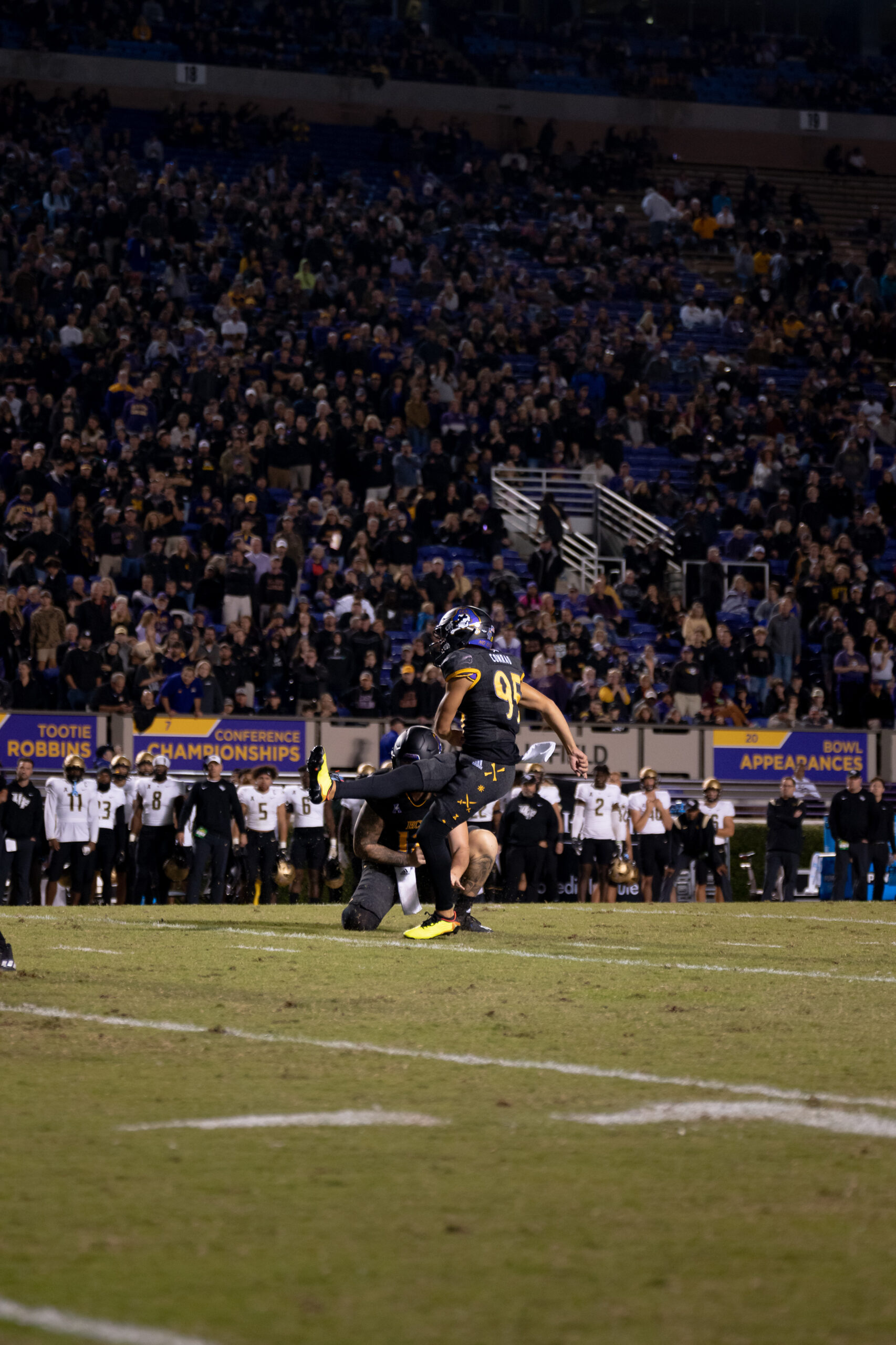 My First ECU College Football Photography Assignment 260 Vertical shot of the field and crowd at night