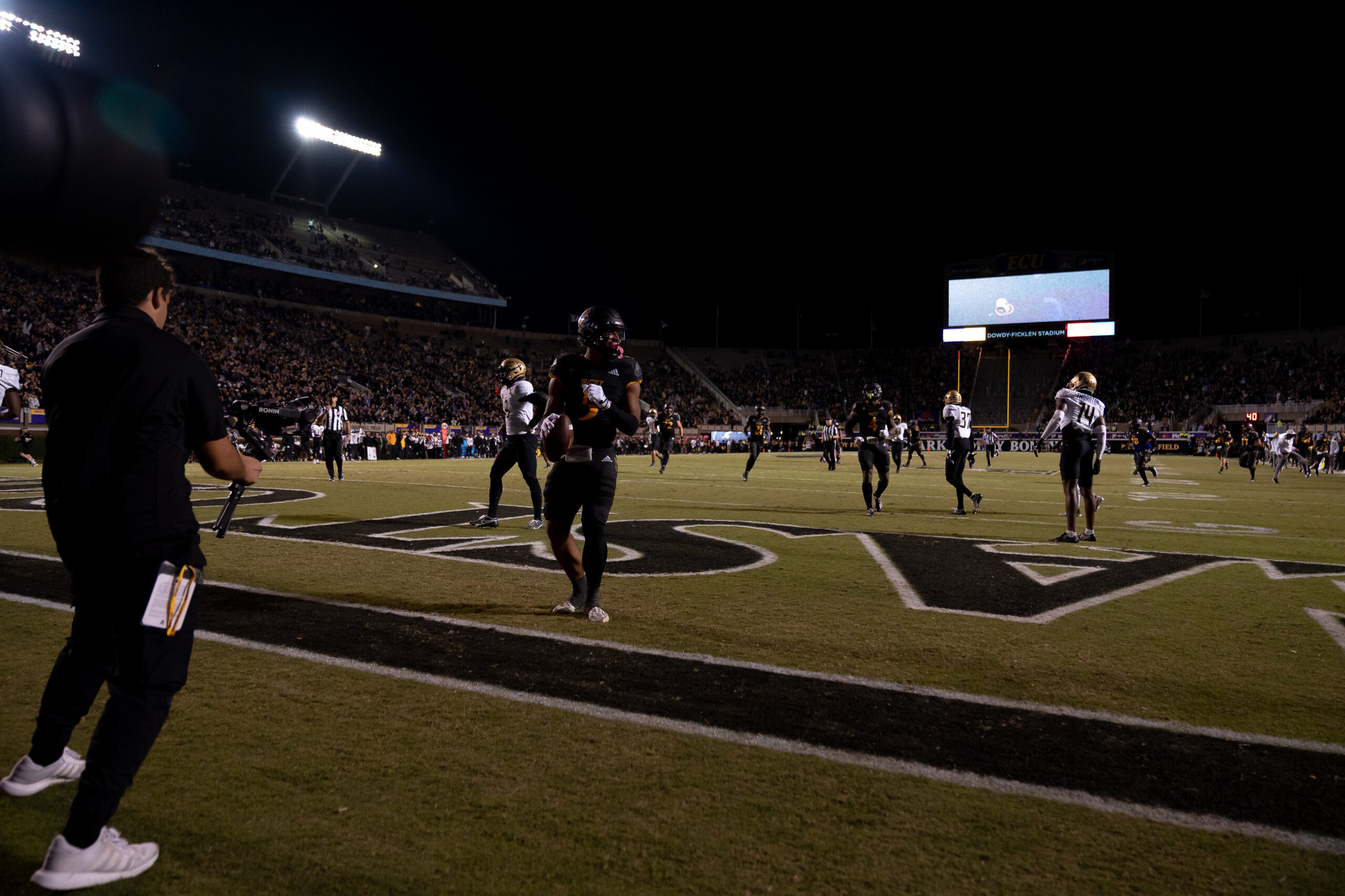 My First ECU College Football Photography Assignment 201 Wide shot of the end zone under the lights