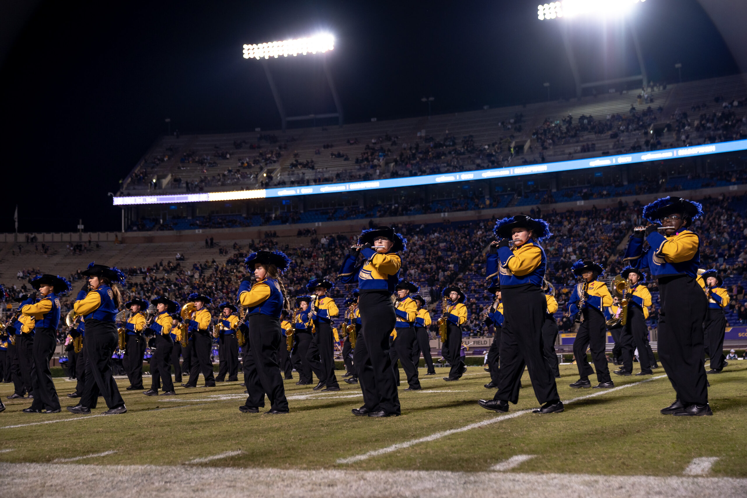 My First ECU College Football Photography Assignment 135 ECU marching band in formation under the stadium lights