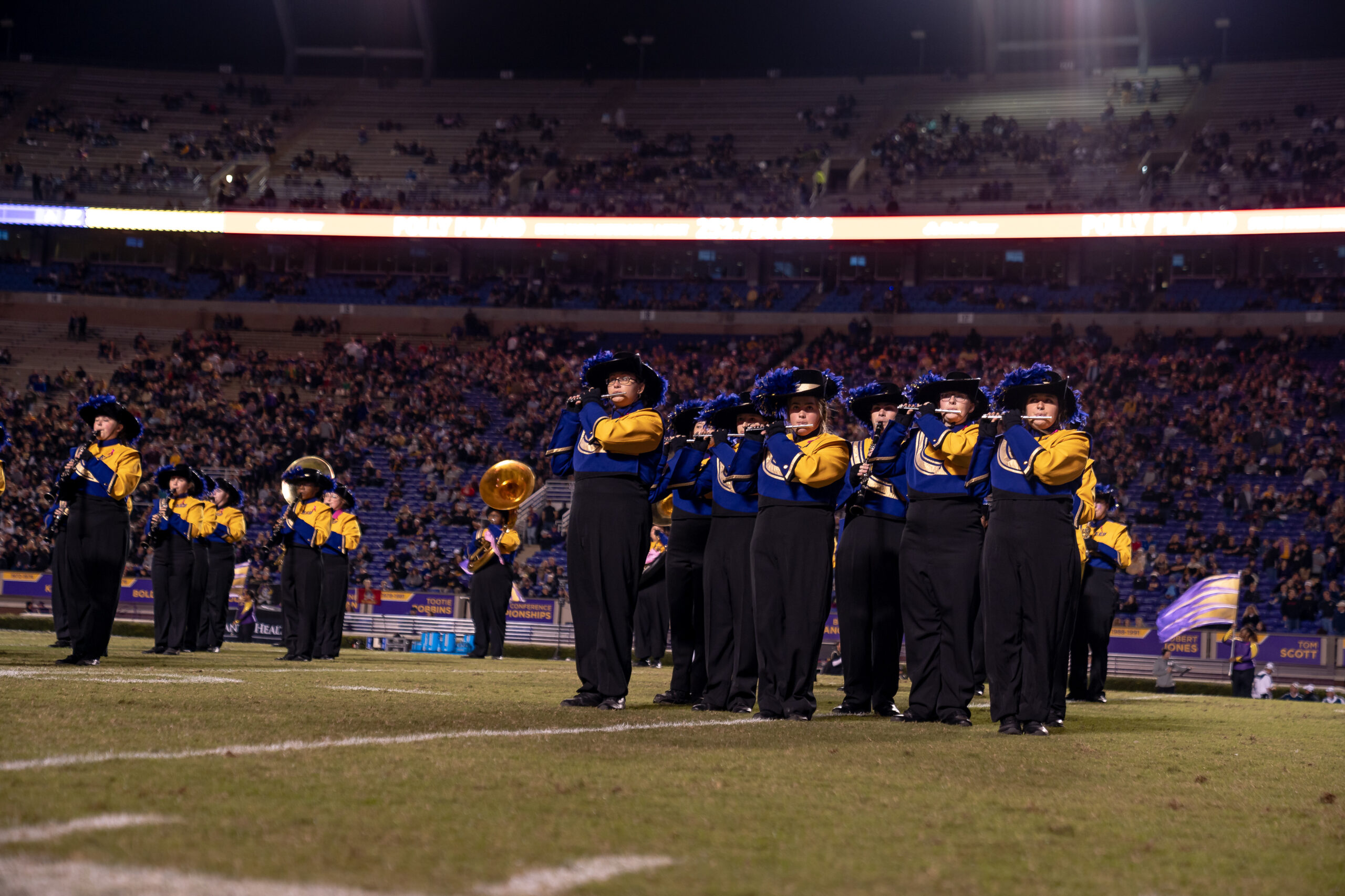 My First ECU College Football Photography Assignment 62 ECU band in a long line across the field at night