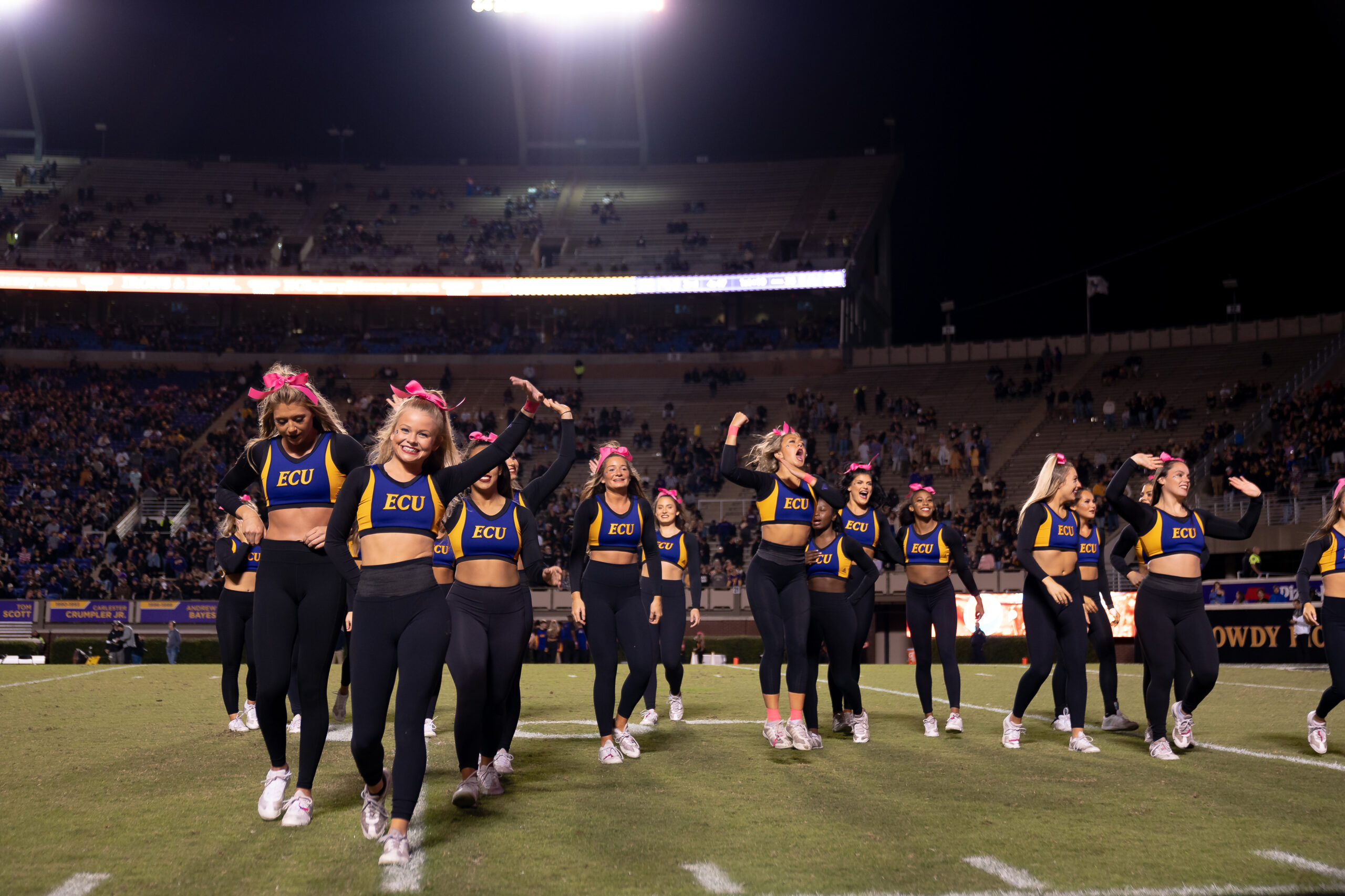 My First ECU College Football Photography Assignment 140 ECU cheerleaders performing on the field