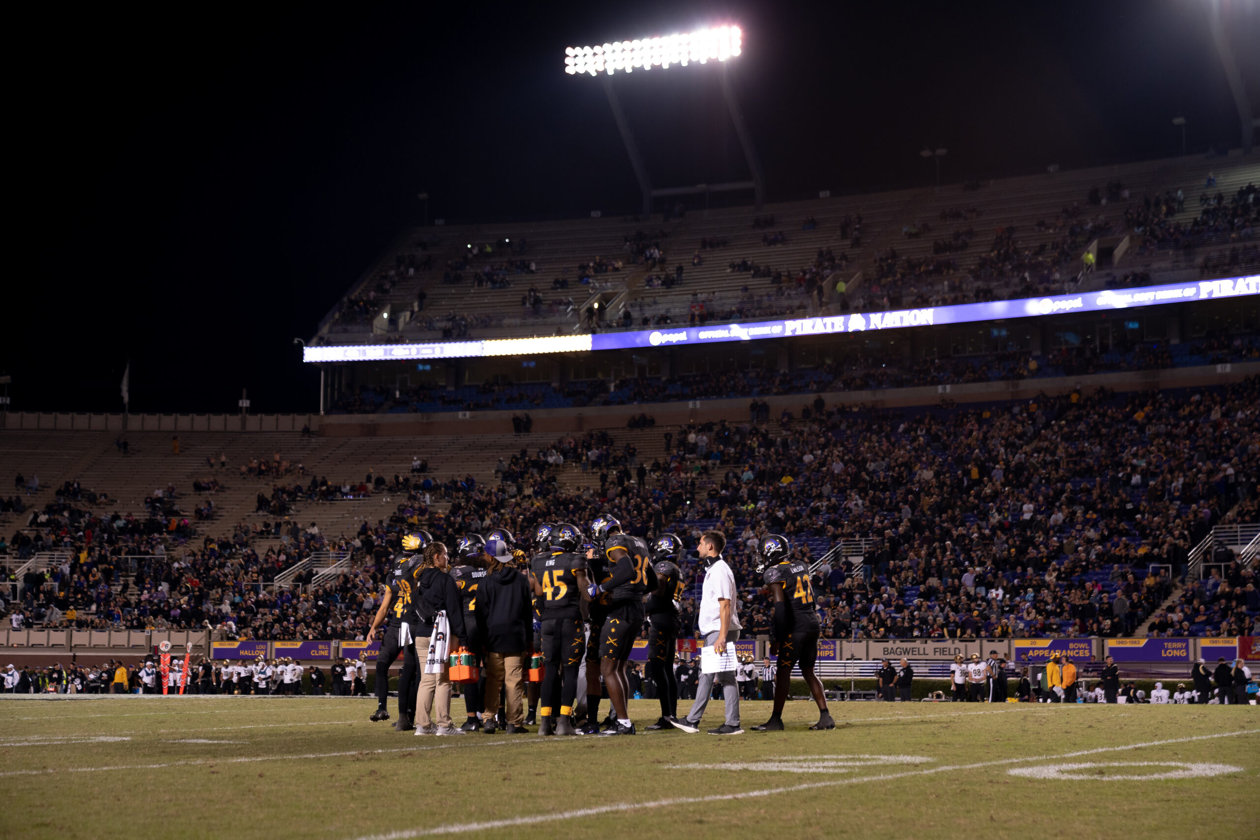 My First ECU College Football Photography Assignment 270 Stadium lights over the ECU team lined up on the field