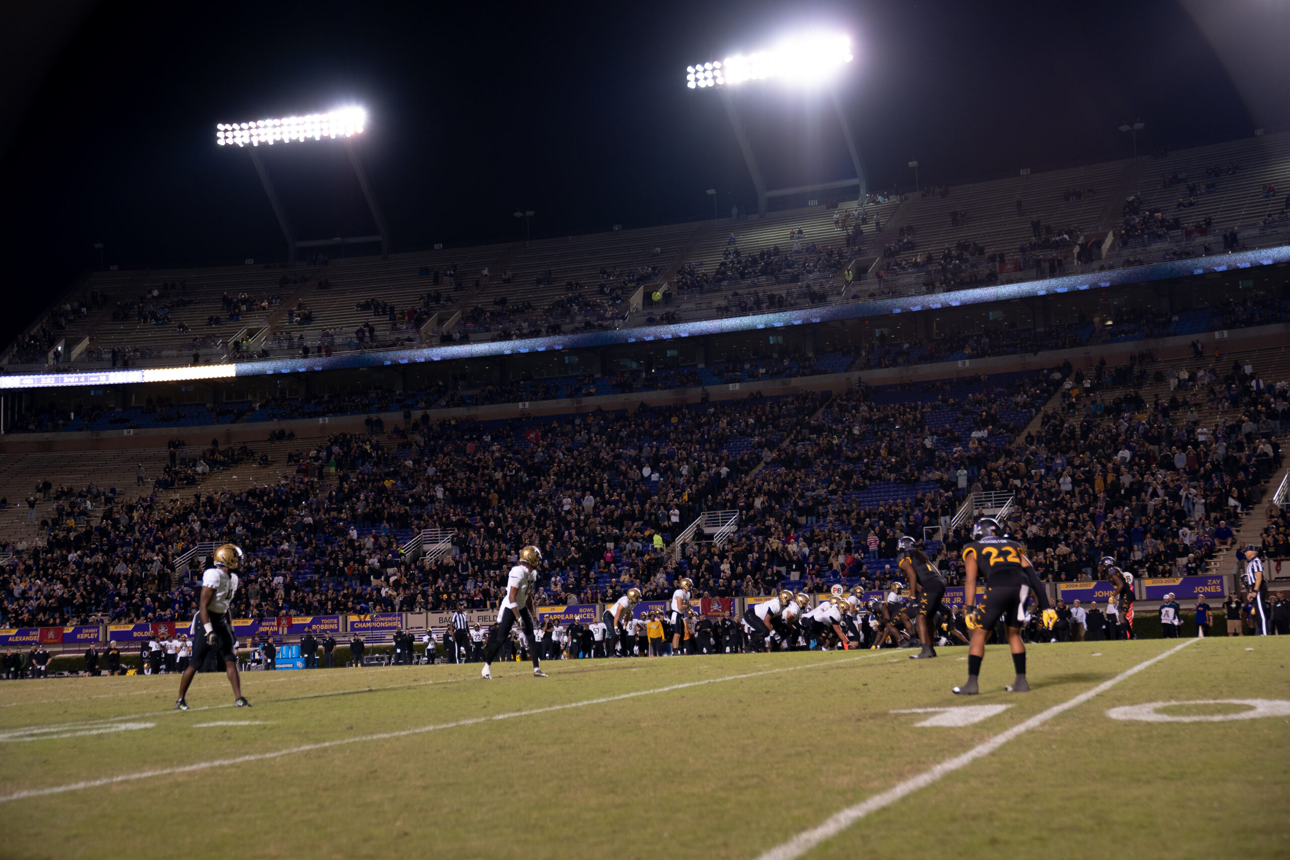My First ECU College Football Photography Assignment 154 Stadium lights shining over the field late in the game