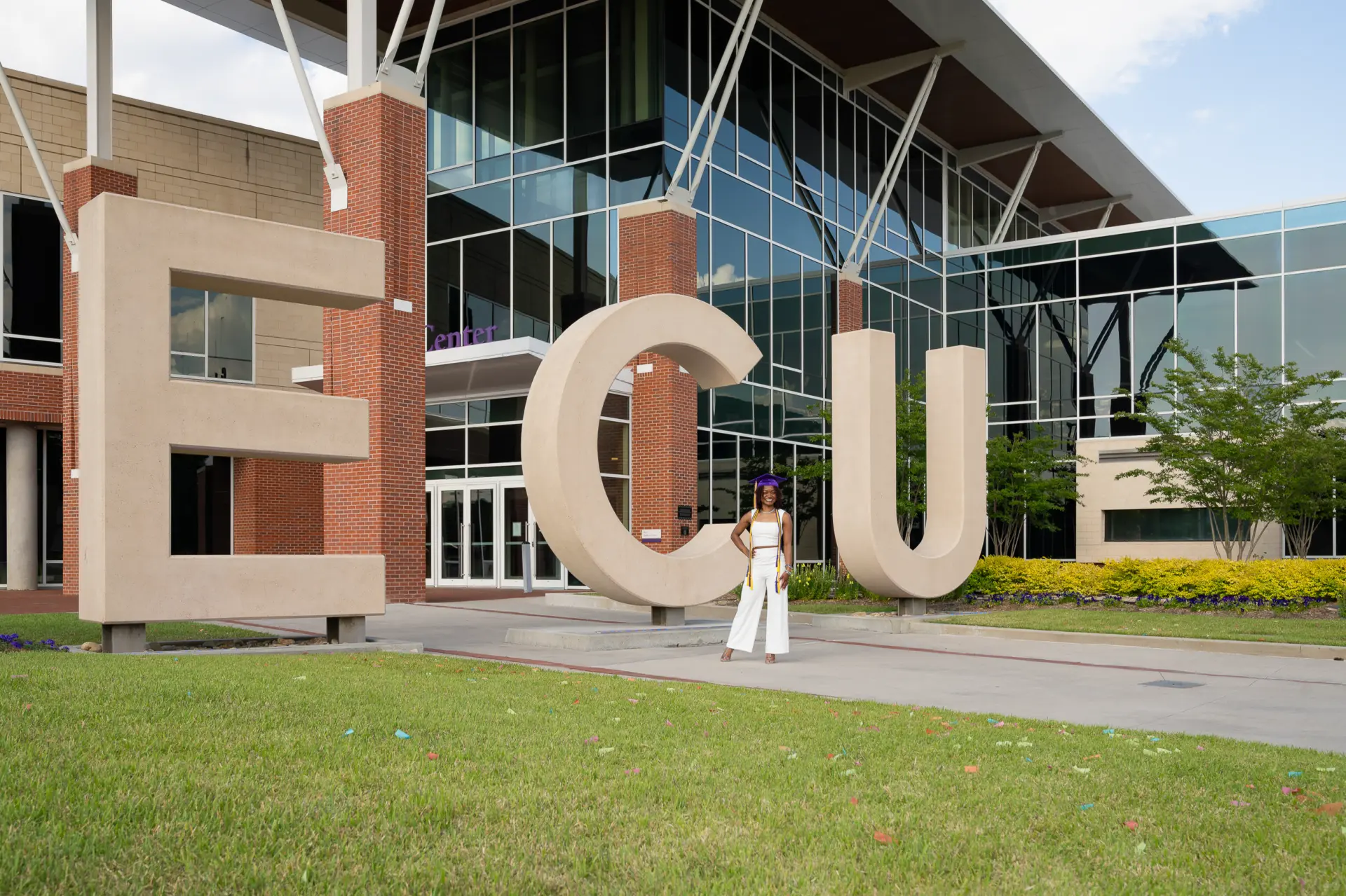 ECU letters sculpture on the East Carolina University campus